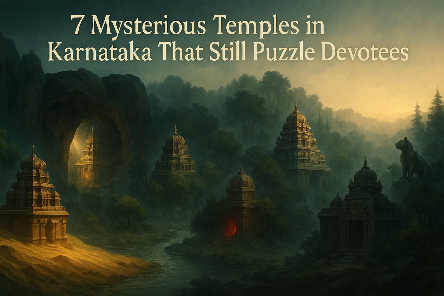 Illustration of seven mysterious temples in Karnataka hidden across forest, hills, caves, and sand with sunrise glow