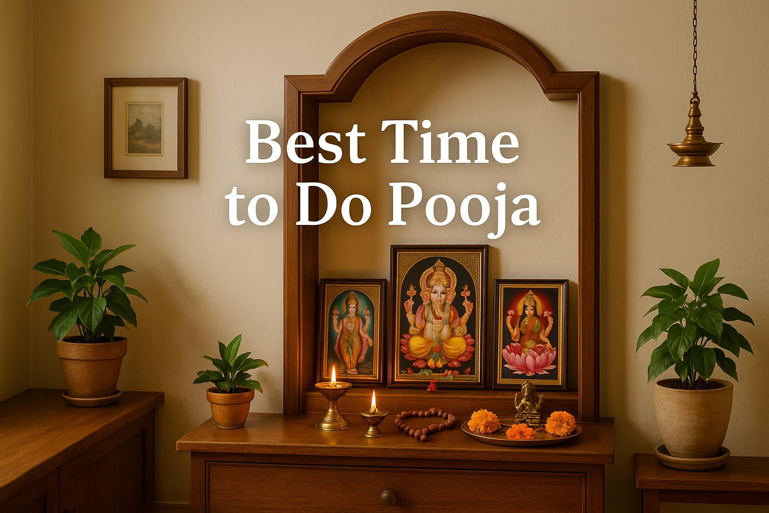 A peaceful home temple setup with oil lamps, framed deities, and the text "Best Time to Do Pooja" in a calm room setting
