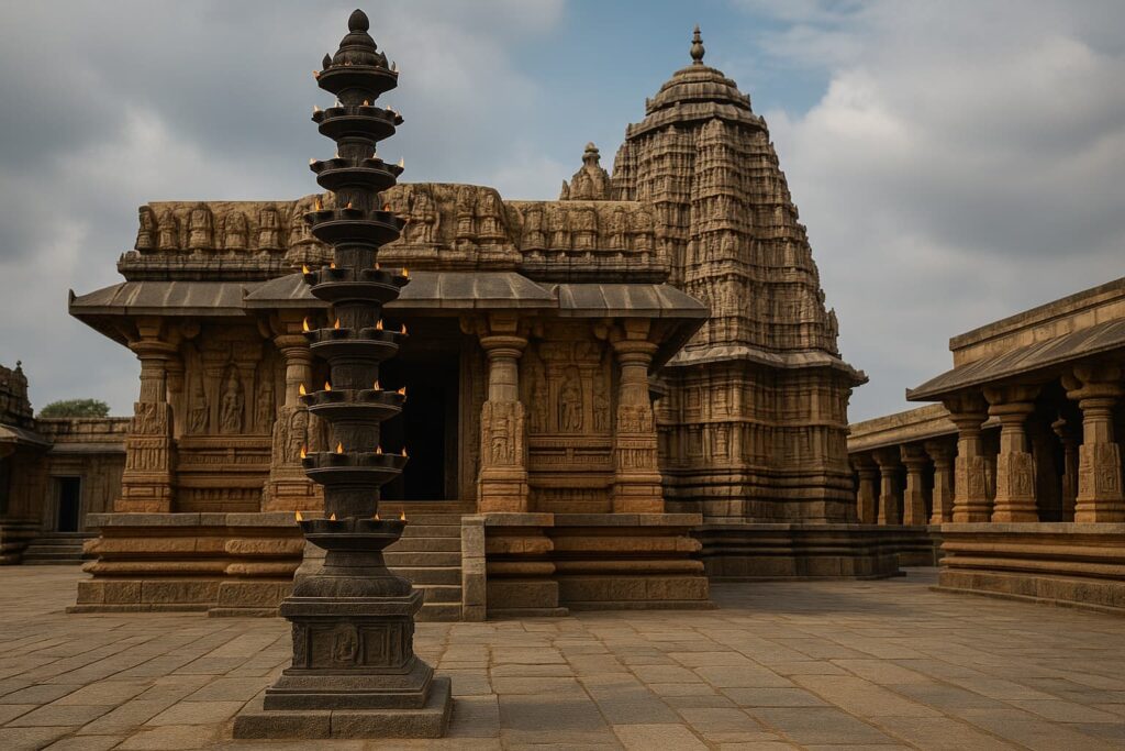 deepa-stambha-hindu-temple-realistic-landscape A realistic image of a traditional Deepa Stambha in front of an ancient Hindu temple, captured in landscape view without any text