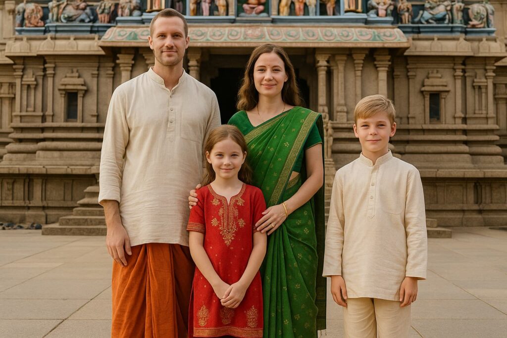 Western family wearing traditional Indian attire standing in front of a South Indian temple