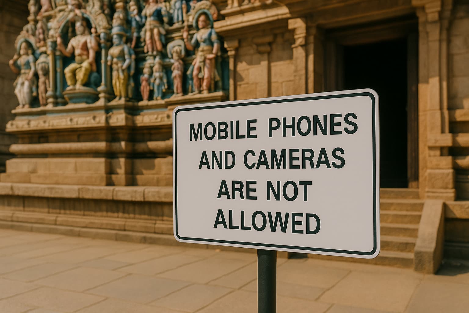 Signboard reading "Mobile Phones and Cameras Are Not Allowed" placed near the entrance of a traditional Hindu temple