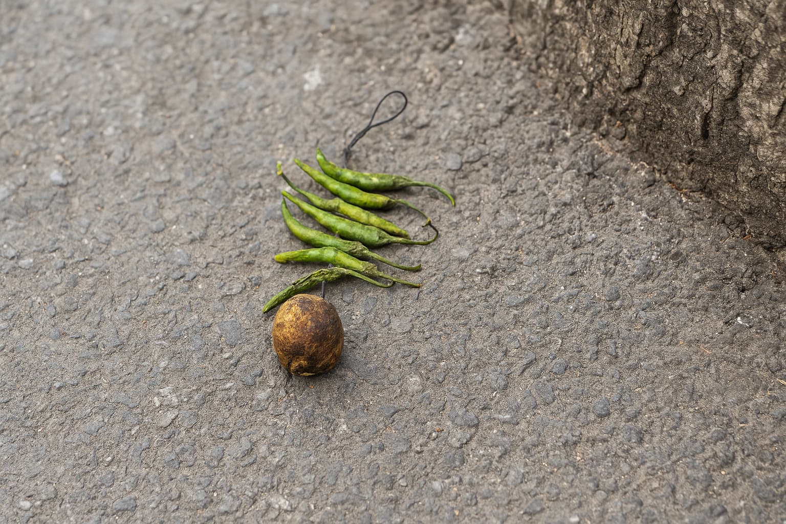 An old dried lemon and green chilies lying on the roadside near a tree – traditional talisman discarded after use