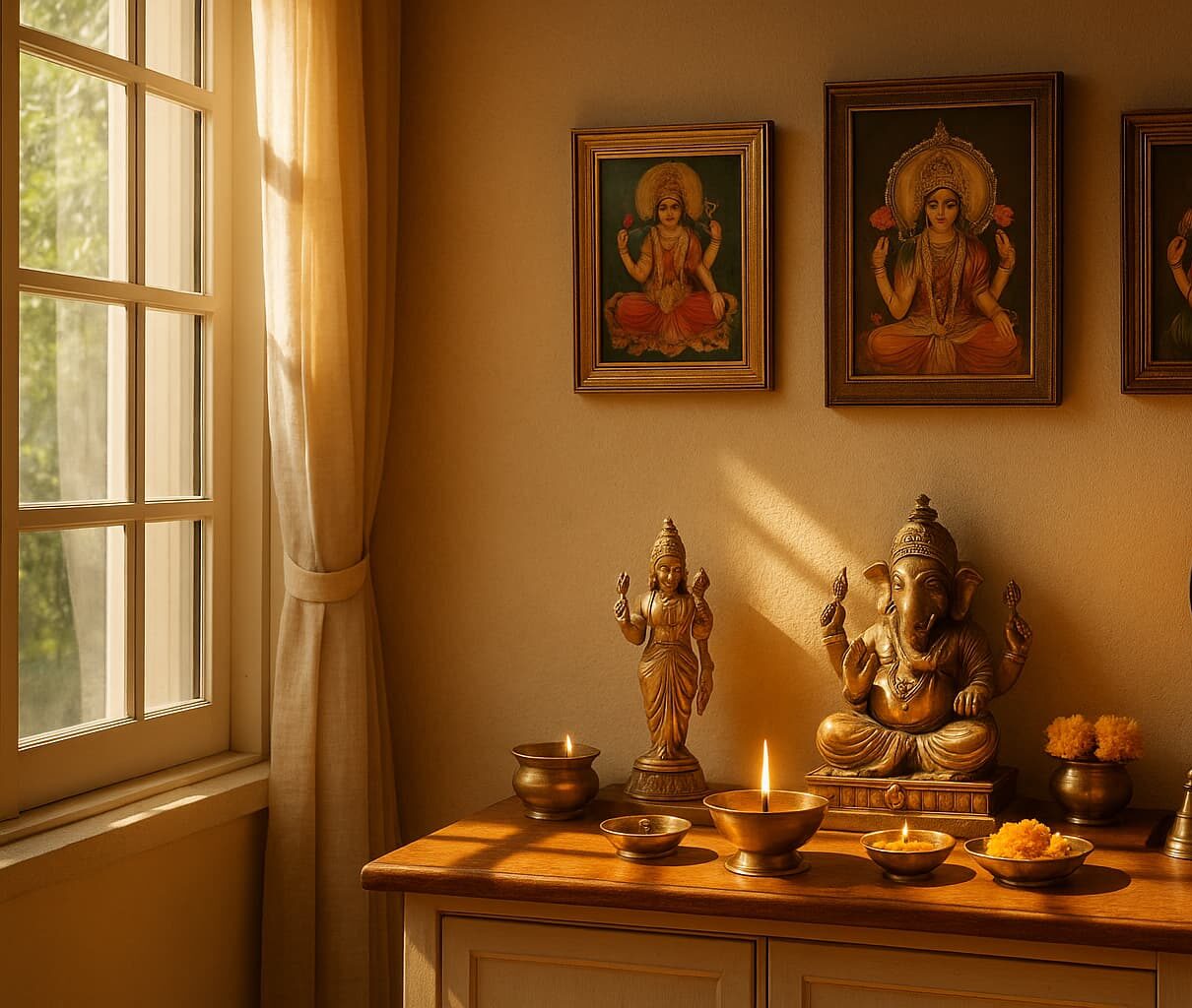 A Hindu home pooja room with morning sunlight streaming in through the window, illuminating brass idols, framed deities, and marigold offerings on a wooden altar.