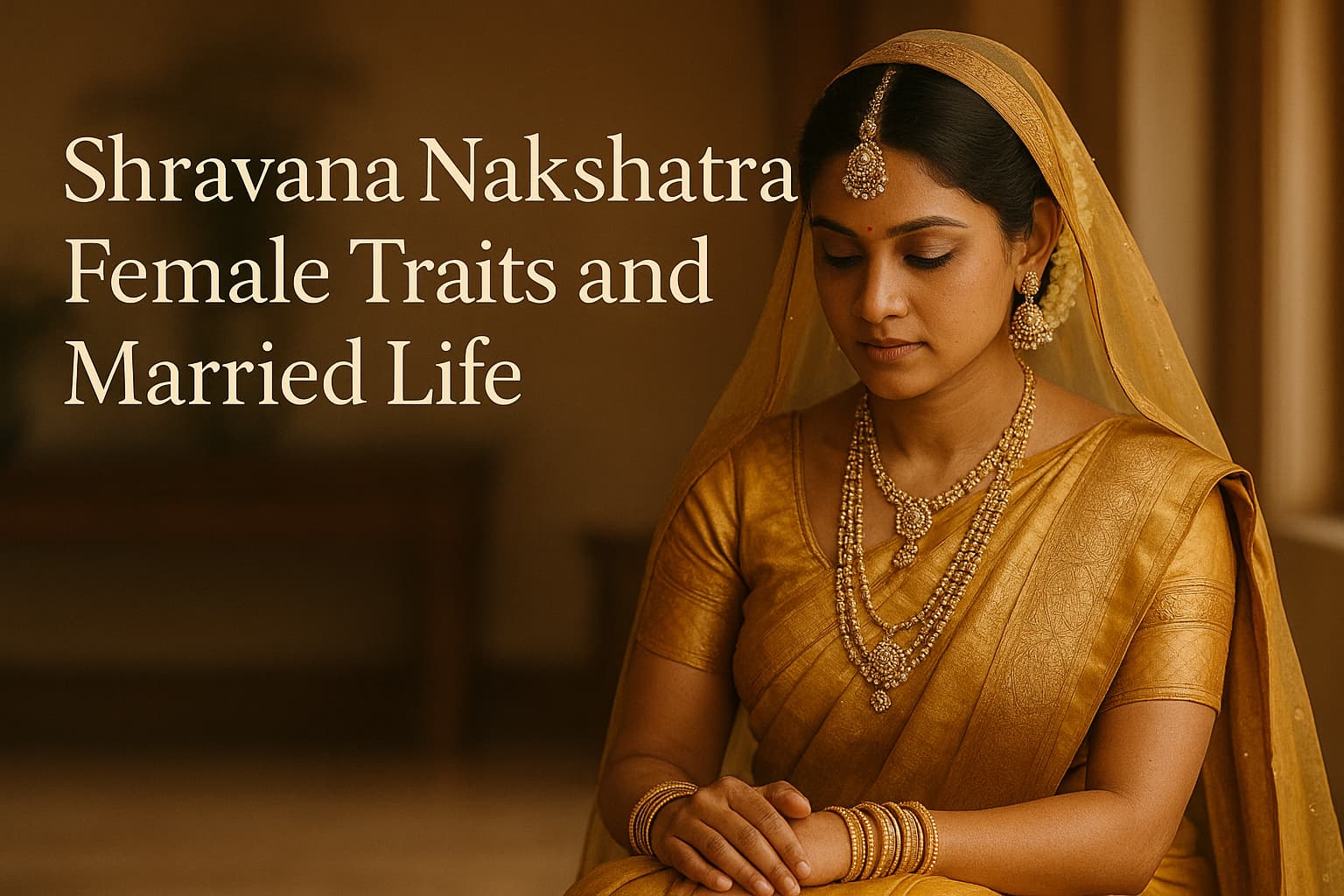South Indian woman in traditional bridal attire representing Shravana Nakshatra female traits and married life, wearing a gold saree and temple jewelry, seated peacefully indoors