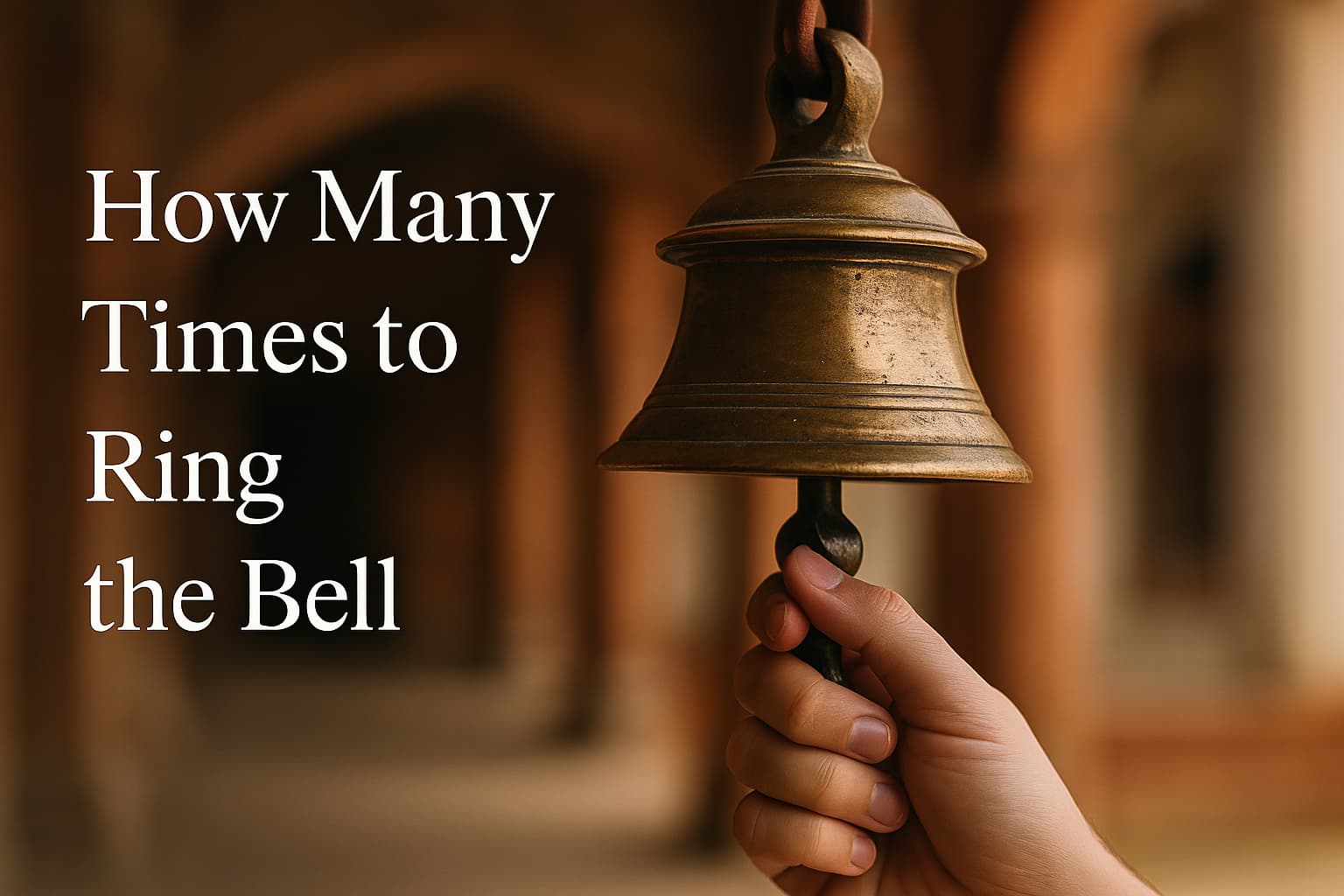 A hand ringing a traditional brass temple bell with the text 'How Many Times to Ring the Bell