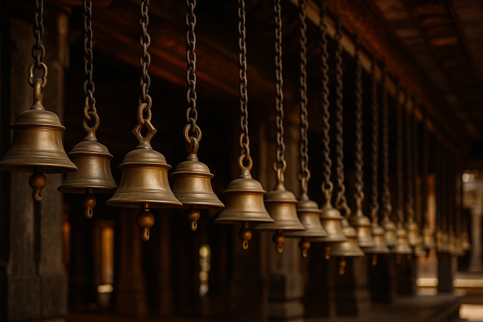 Hanging brass temple bells inside a traditional temple interior in a row