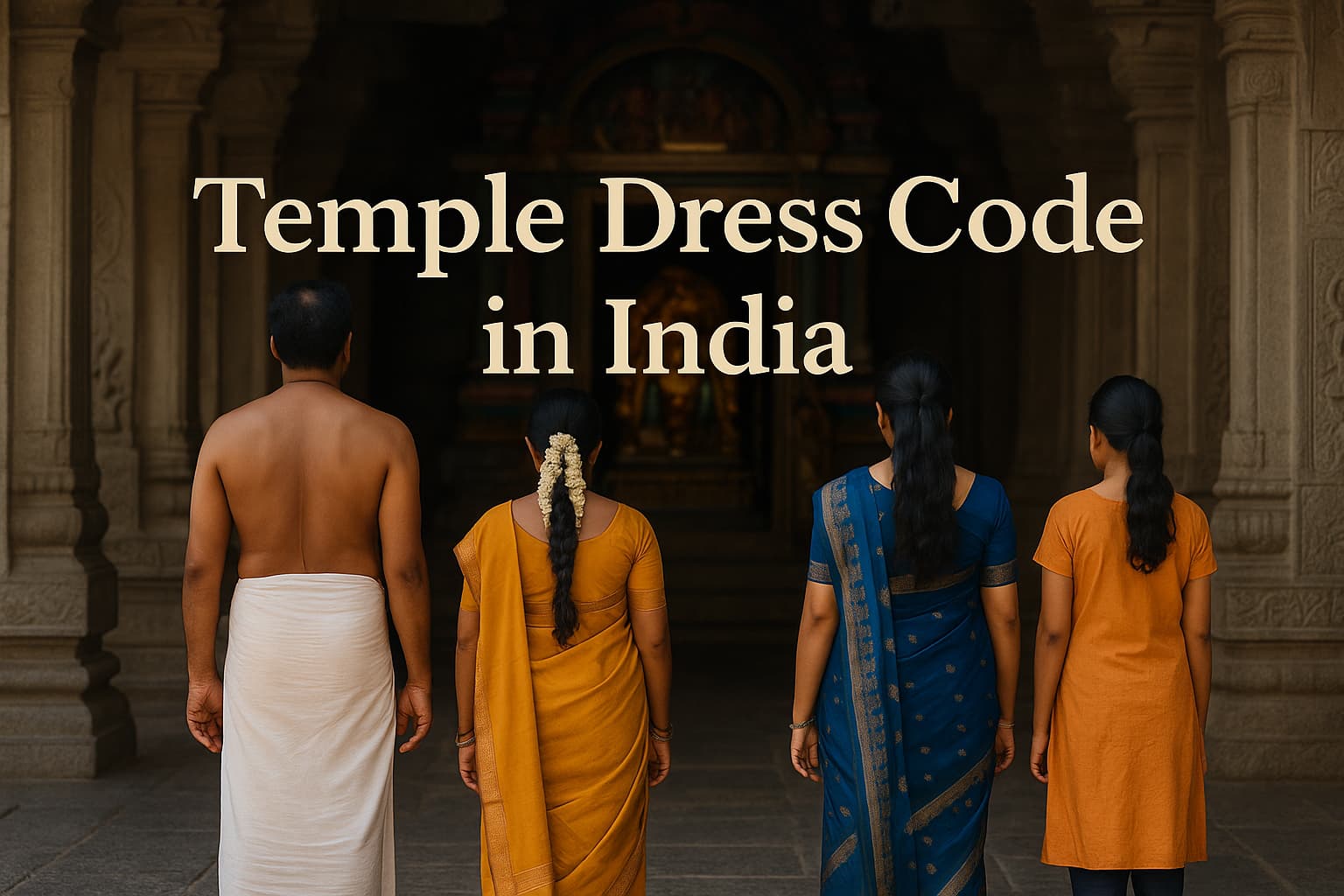 Devotees in traditional Indian attire standing at a temple entrance with text "Temple Dress Code in India" overlayed