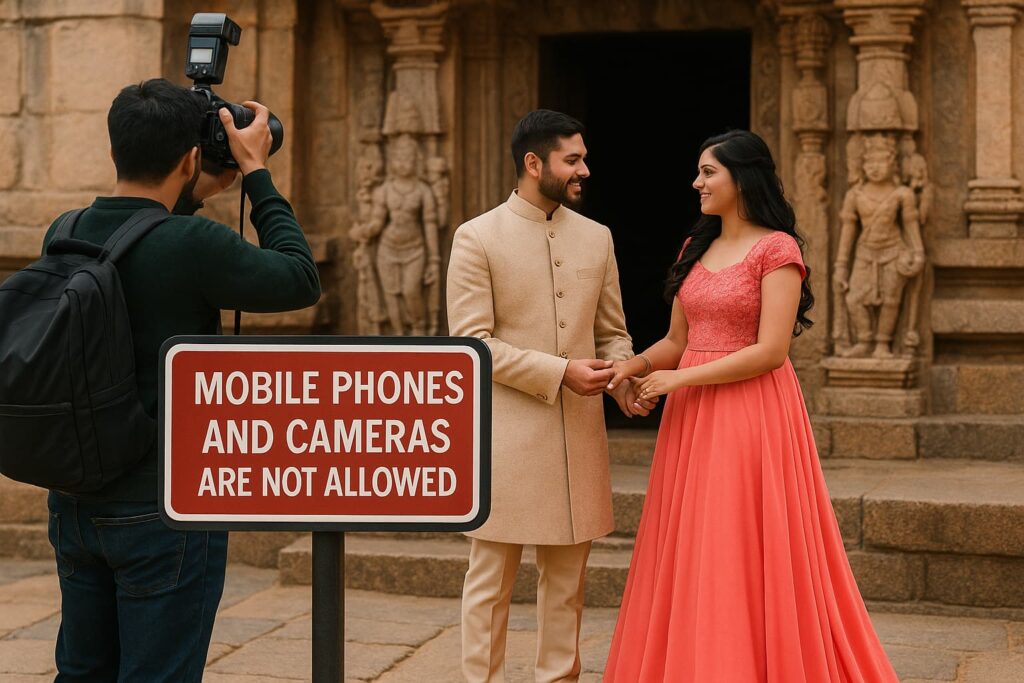 temple-prewedding-camera-ban-sign A pre-wedding photoshoot taking place near a Hindu temple entrance, with a sign in the foreground reading "Mobile Phones and Cameras Are Not Allowed" and a photographer capturing the couple