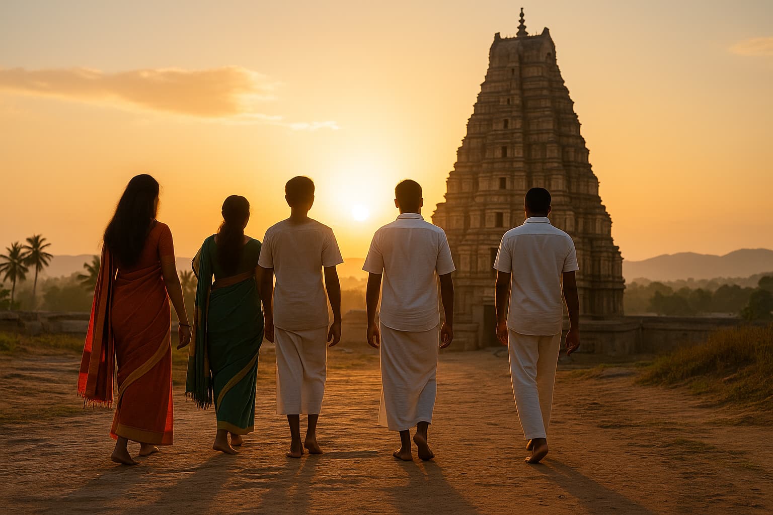Devotees walking barefoot on a scenic temple path in Karnataka, symbolizing spiritual pilgrimage