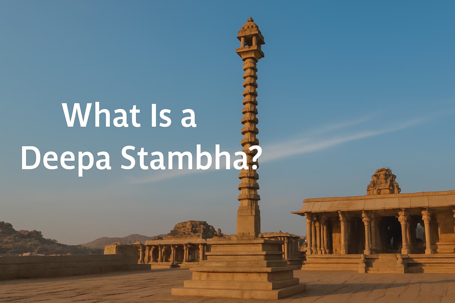 A realistic image of a traditional Deepa Stambha standing in front of an ancient Hindu temple with oil lamps