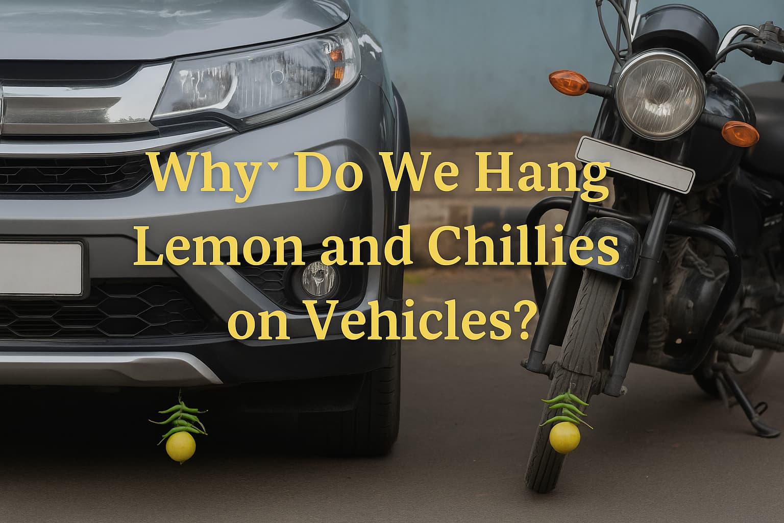 Car and bike with lemon and chilies tied for protection in India – spiritual vehicle ritual