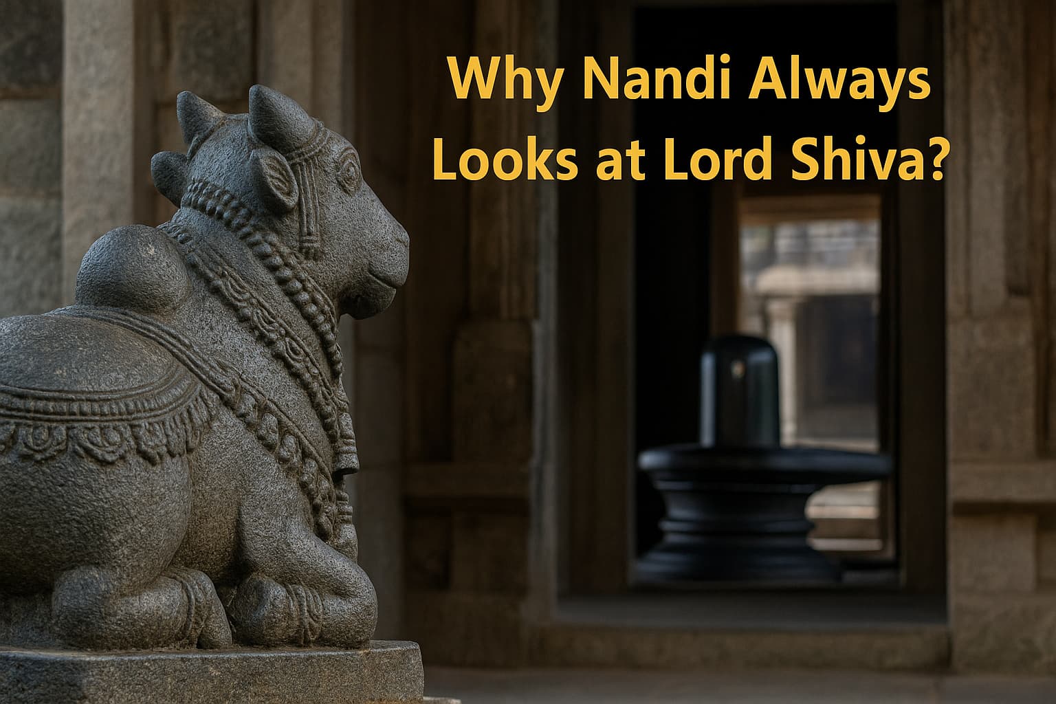 Stone Nandi statue facing Shiva Linga in a temple with the text 'Why Nandi Always Looks at Lord Shiva?' in golden color
