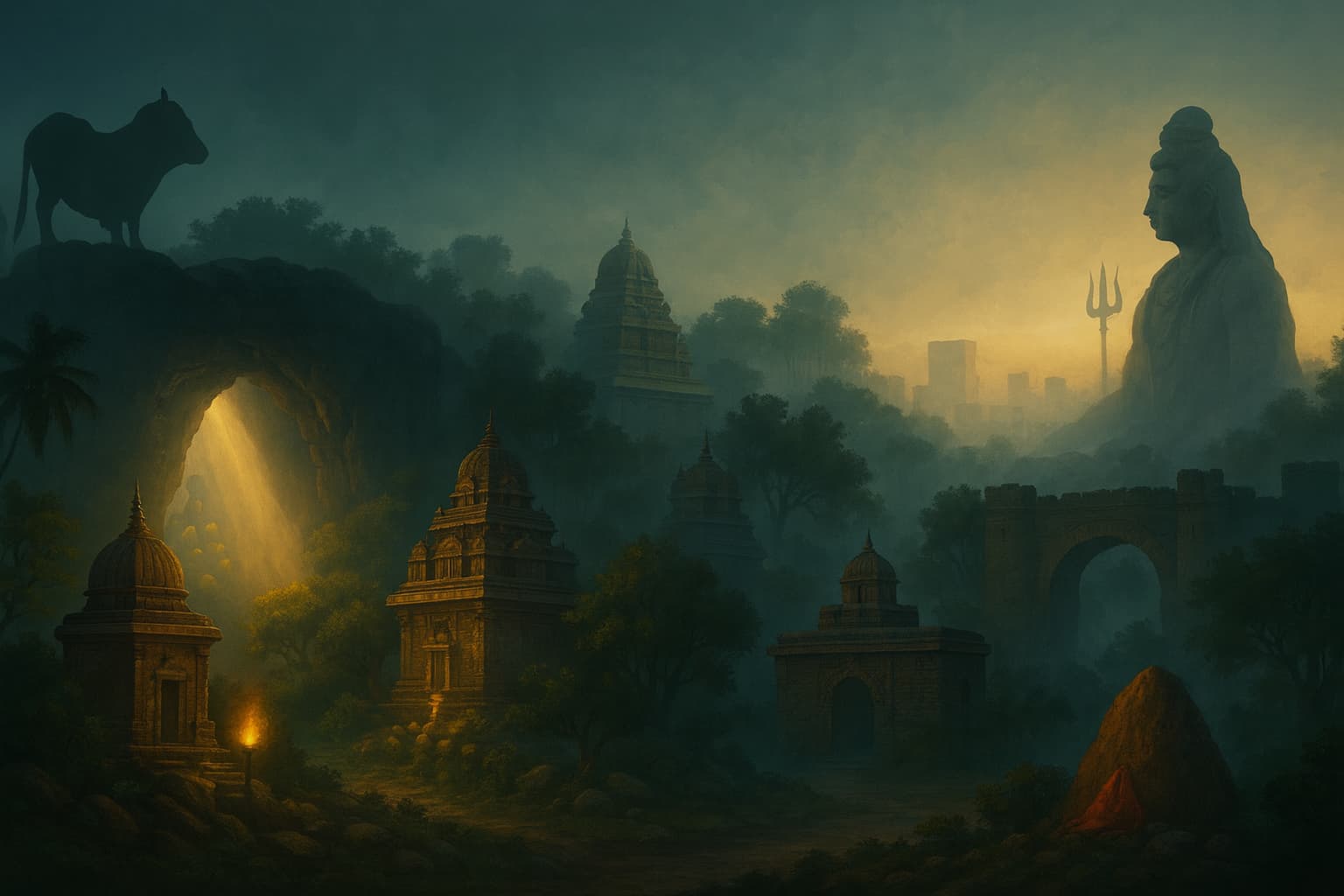 Atmospheric landscape featuring seven ancient temples in Bangalore surrounded by misty greenery, symbolizing mystery and spirituality.