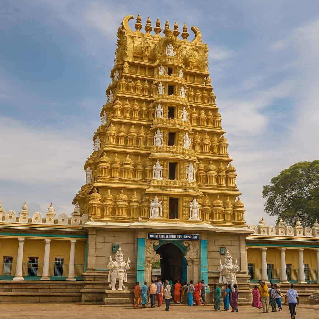 Chamundeshwari Temple on Chamundi Hills in Mysore, Karnataka – front view with visitors and golden gopuram