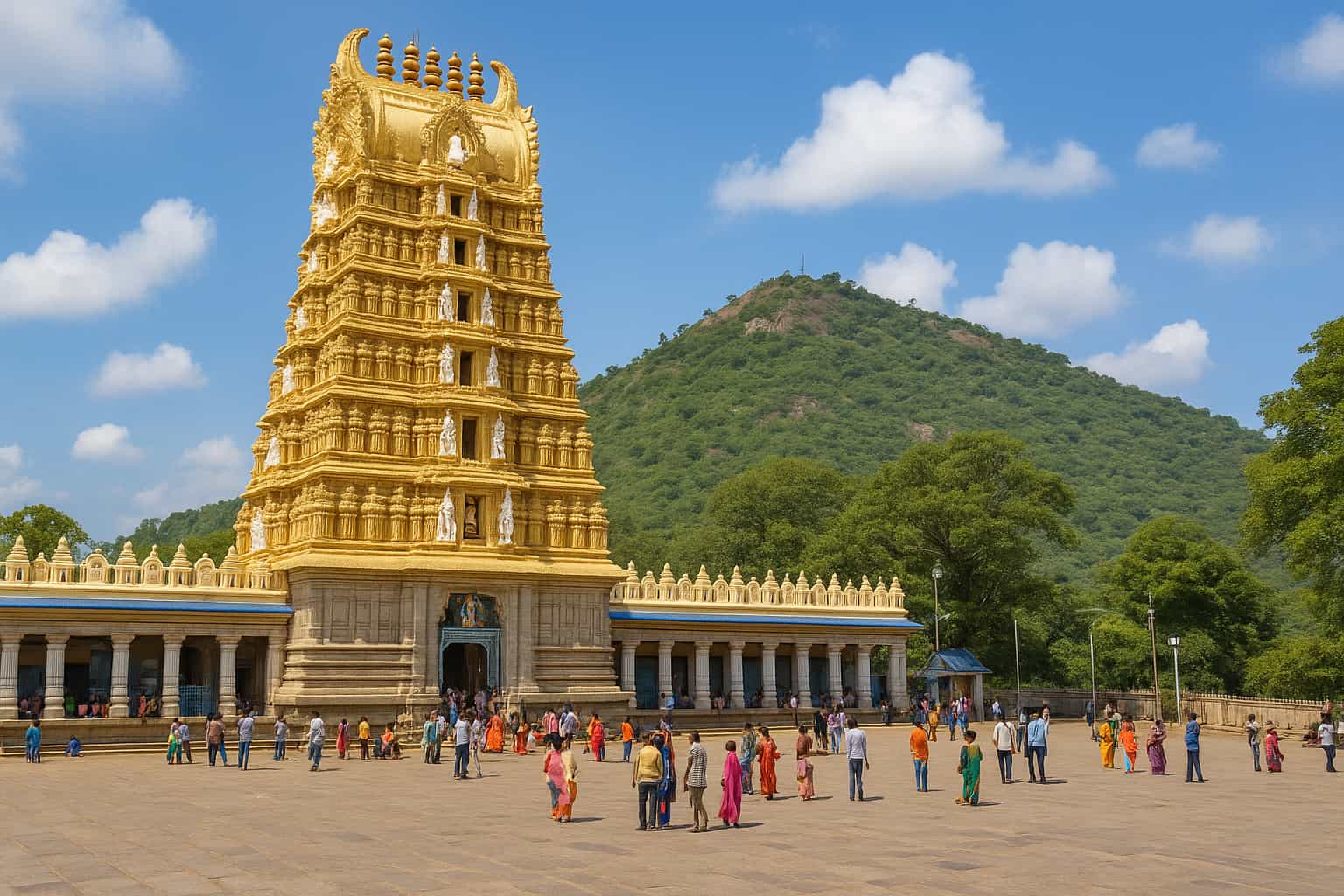 Chamundeshwari Temple Mysore with golden gopuram on Chamundi Hills in daylight