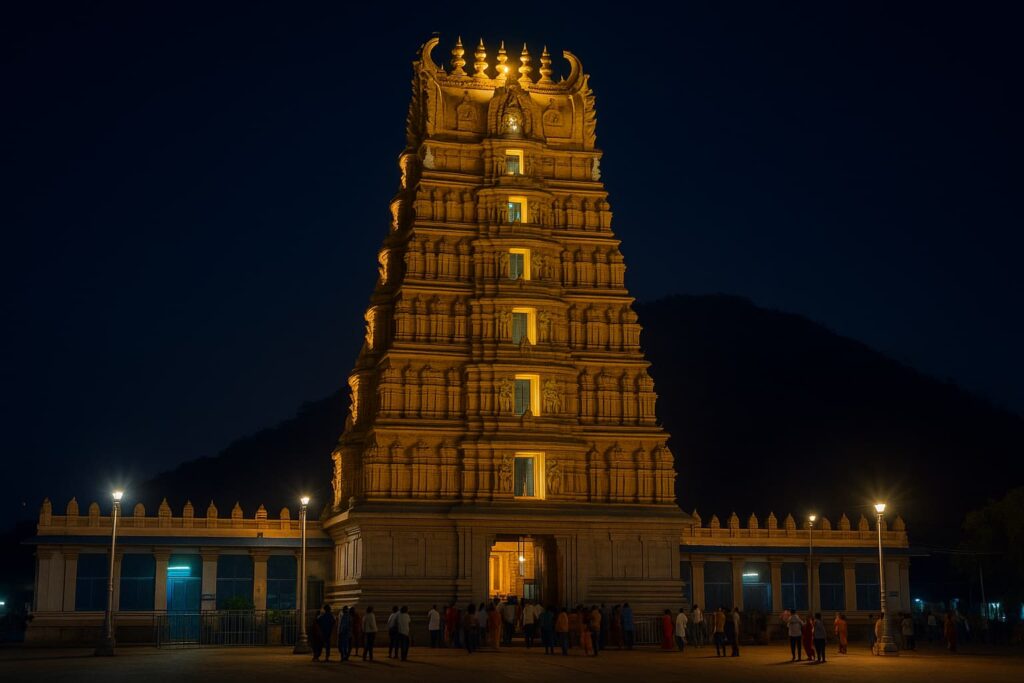 Chamundeshwari Temple Mysore illuminated at night with golden gopuram and visitors in courtyard