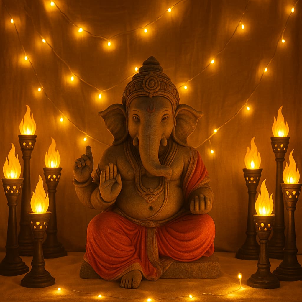 Ganesha idol surrounded by Dasara-inspired torch lights and golden string lights, creating a festive Mysuru-style illumination.