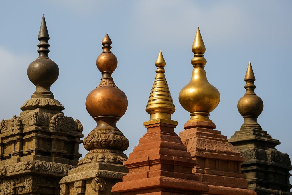 Various styles of Kalasha atop Hindu temple towers made of different metals and stone, captured under clear daylight sky