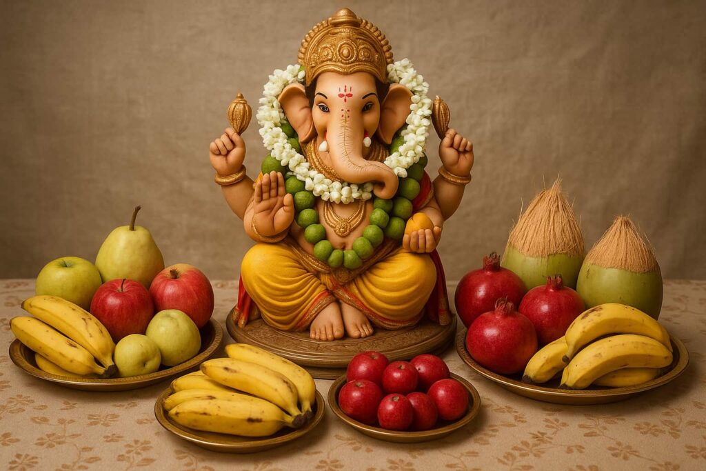Eco-friendly Ganesh decoration with bananas, coconuts, apples, lemons, and other fruits arranged in brass plates.
