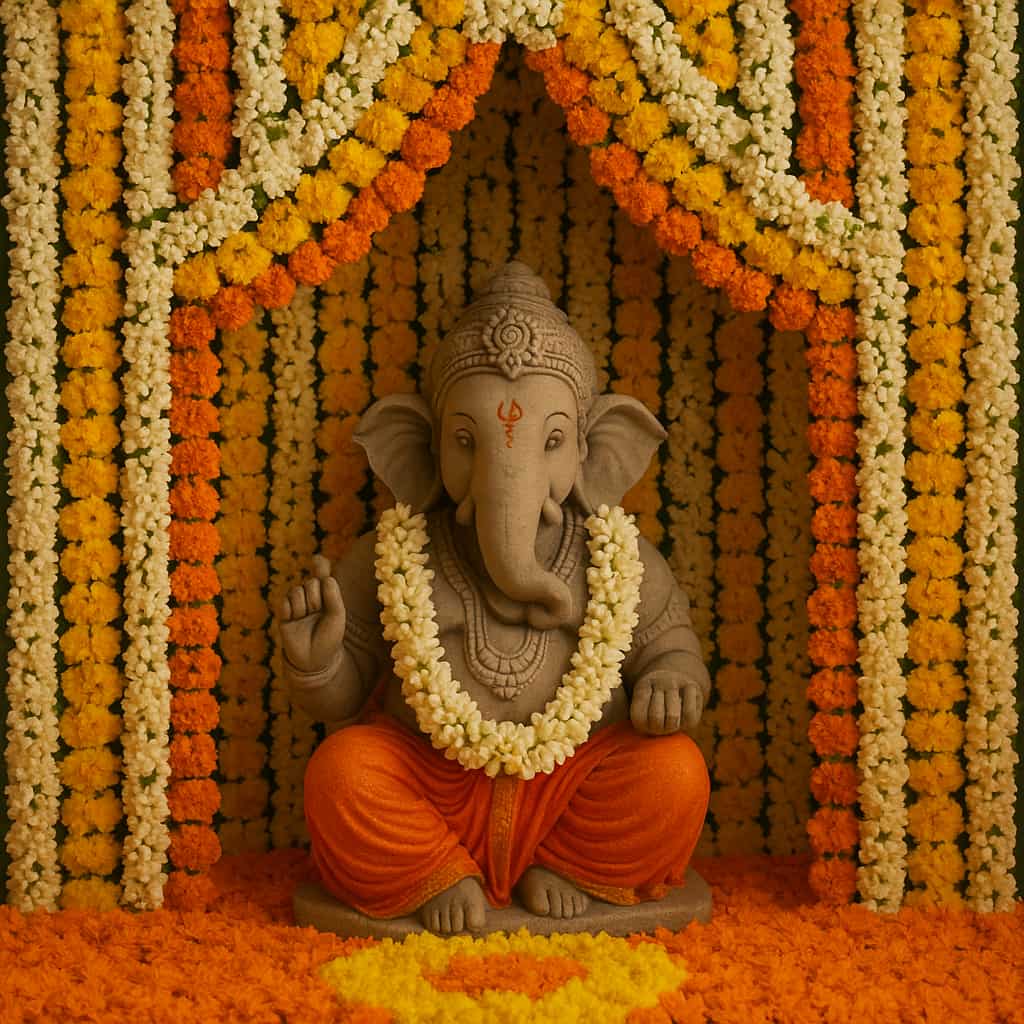 Ganesha idol seated in a mandap made entirely of jasmine, marigold, and chrysanthemum flower garlands with loose petals as natural rangoli.