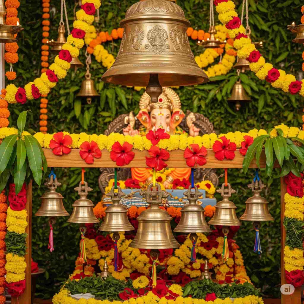 A close-up, realistic image of a Ganesh Chaturthi celebration setup. In the center, a beautifully decorated idol of Lord Ganesh sits on a platform. A large, ornate brass temple bell hangs directly above the idol. Below it, a wooden frame is draped with garlands of marigolds, hibiscus flowers, and mango leaves, from which several smaller brass bells are suspended. The background is a lush, green wall of foliage, creating a serene and spiritual atmosphere