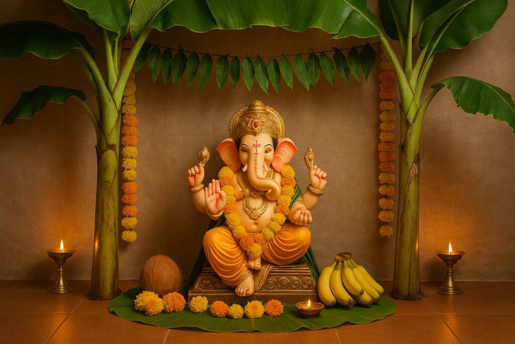 Lord Ganesha seated under a traditional mantapa decorated with banana trunks, mango leaf torana, marigold garlands, and pooja items, inspired by Karnataka festival traditions
