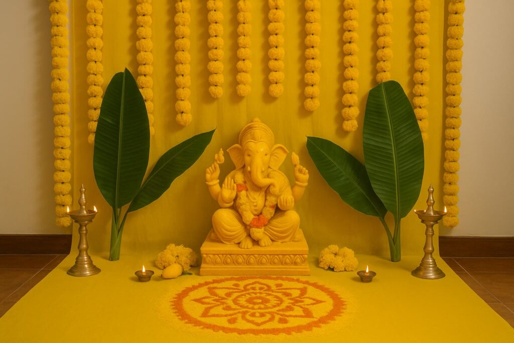Lord Ganesha idol in a yellow-themed decoration setup with marigold garlands, turmeric rangoli, banana leaves, and oil lamps, reflecting a peaceful one-color festival style