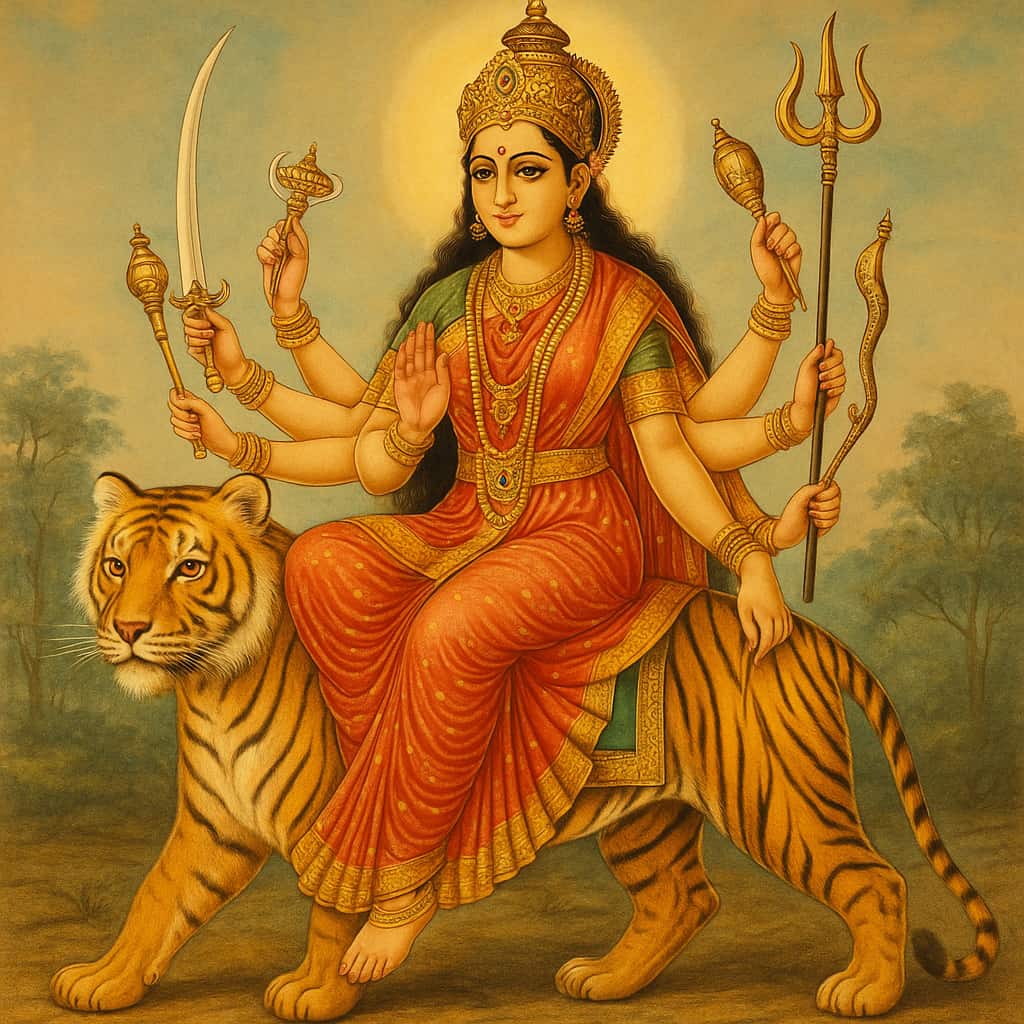 Traditional Hindu painting of Goddess Durga riding a tiger, holding divine weapons in her multiple arms, symbolizing strength and protection