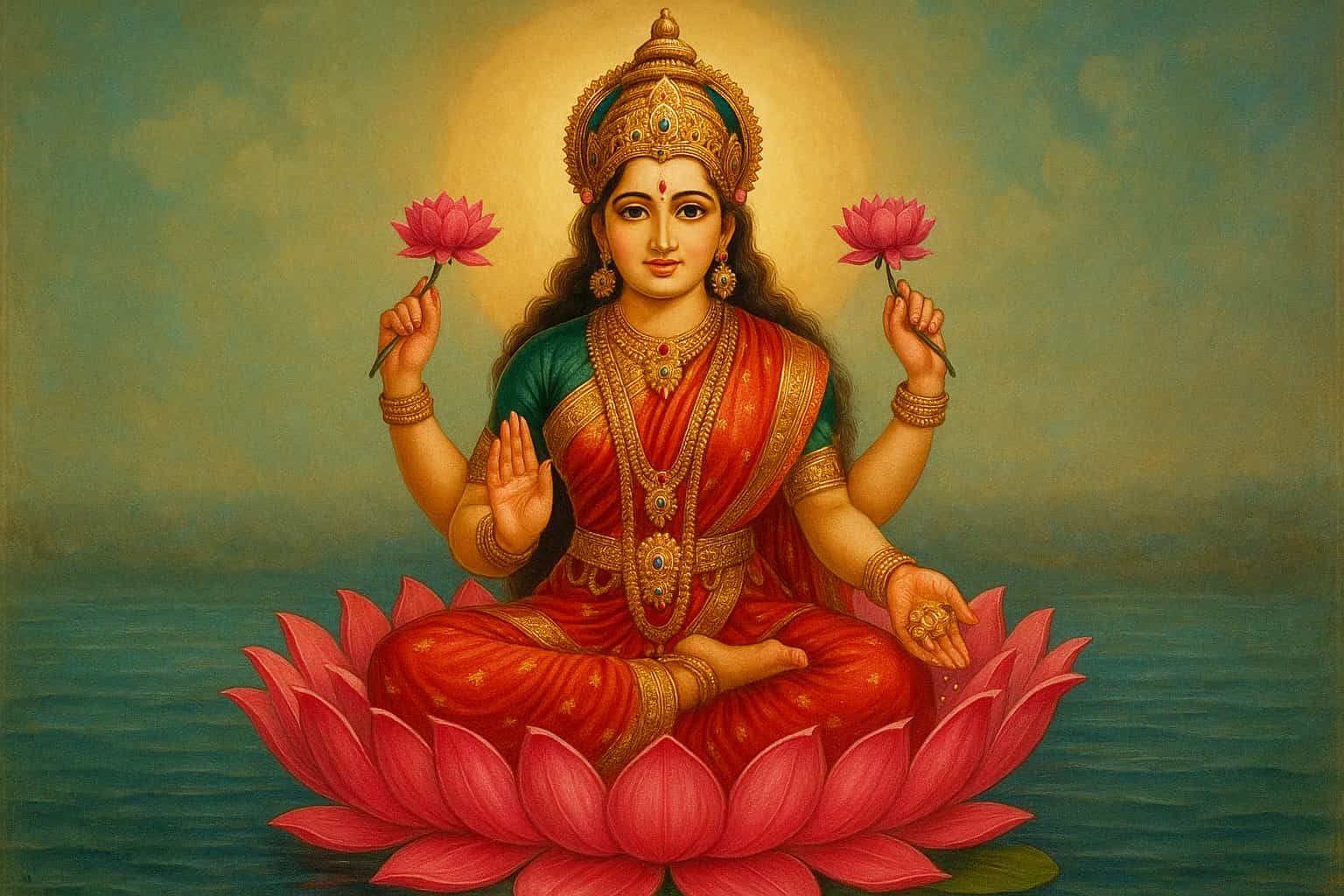 Traditional Hindu painting of Goddess Lakshmi seated on a lotus, holding lotus flowers and gold coins, symbolizing wealth and prosperity