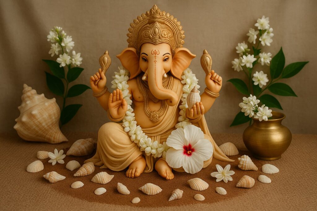 Gokarna-style Ganpati decoration with seashells, jasmine flowers, conch, and jute mat in coastal theme