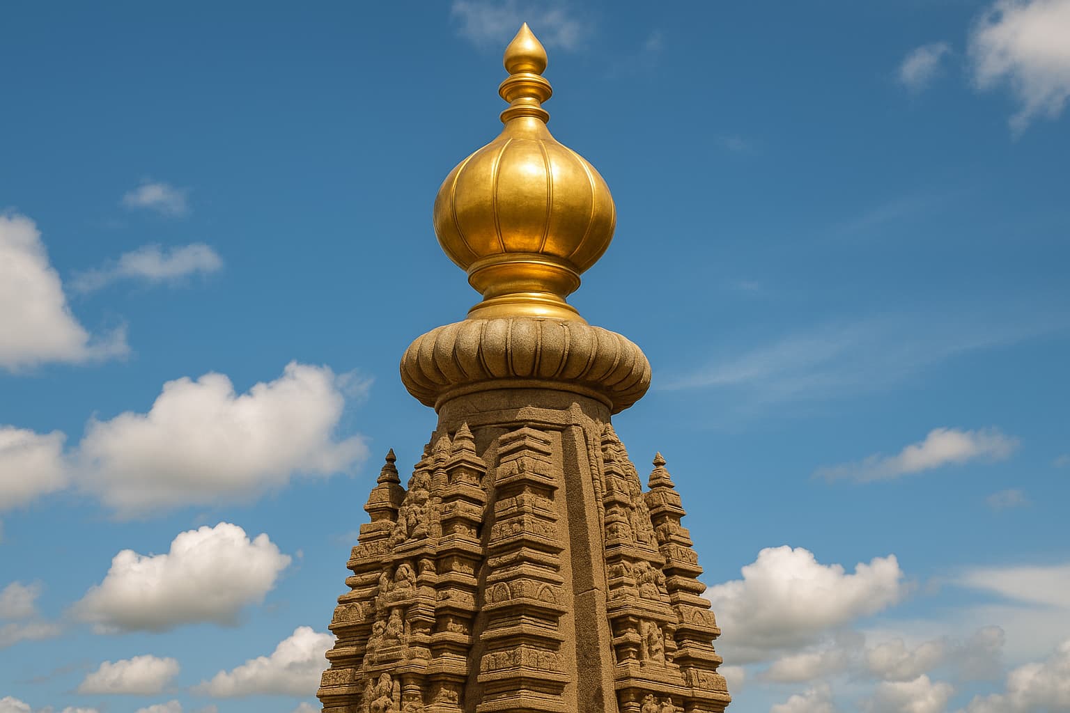 Golden Kalasha on top of a traditional temple tower with blue sky background – symbolic temple architecture image