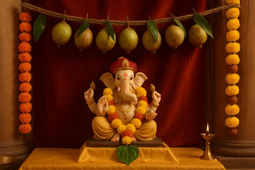  Ganesha idol with hanging tender coconut garland, mango leaves, and marigold decorations in a traditional Karnataka-style pooja setup.