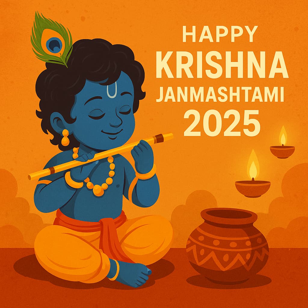happy-krishna-janmashtami-2025-digital-illustration-instagram. Vibrant digital illustration of Krishna Janmashtami 2025 celebration with festive colors and decorative elements for Instagram