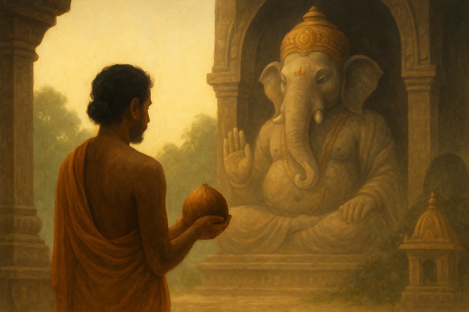 A devotee offering a coconut before a Ganesha statue, symbolizing surrender and spiritual connection at Idagunji Temple