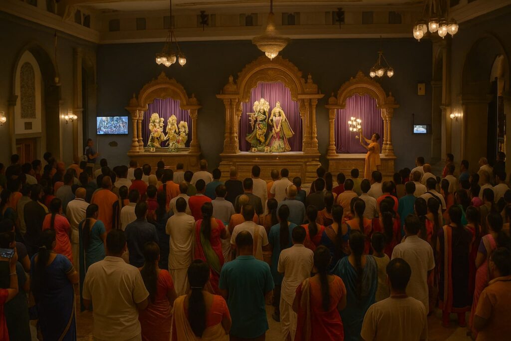 iskcon-bangalore-sandhya-arati-darshan-hall Devotees gathered inside ISKCON Bangalore’s darshan hall during Sandhya Arati, with priest offering aarti to the deities.