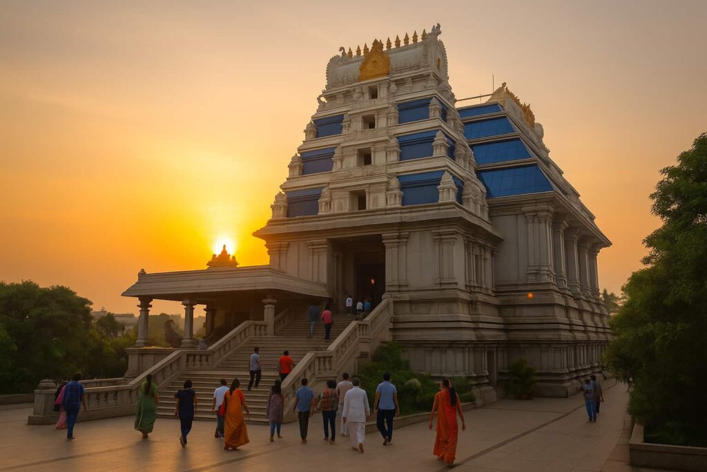iskcon-bangalore-sunrise-gopuram-devotees-entering Sunrise view of ISKCON Bangalore’s main gopuram with devotees walking up the steps for darshan.