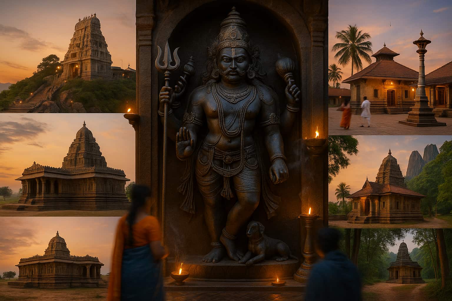 major Kala Bhairava temples in Karnataka—Adichunchanagiri hill temple, RR Nagar Bengaluru, Jadigenahalli, Mahakala Bhairava at Karamogaru (Mangaluru), Kadri/Jogi Mutt precinct Bhairava, Seethi Bhairaveshwara in Kolar, Dubalgundi near Humnabad (Bidar), and a forest-side Bhairava near Yana, with evening lamps and deepa-stambha