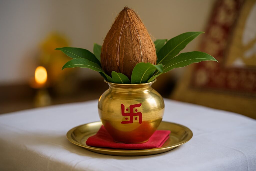 Traditional Hindu Kalasha used in home rituals, decorated with coconut, mango leaves, and turmeric on a brass pot