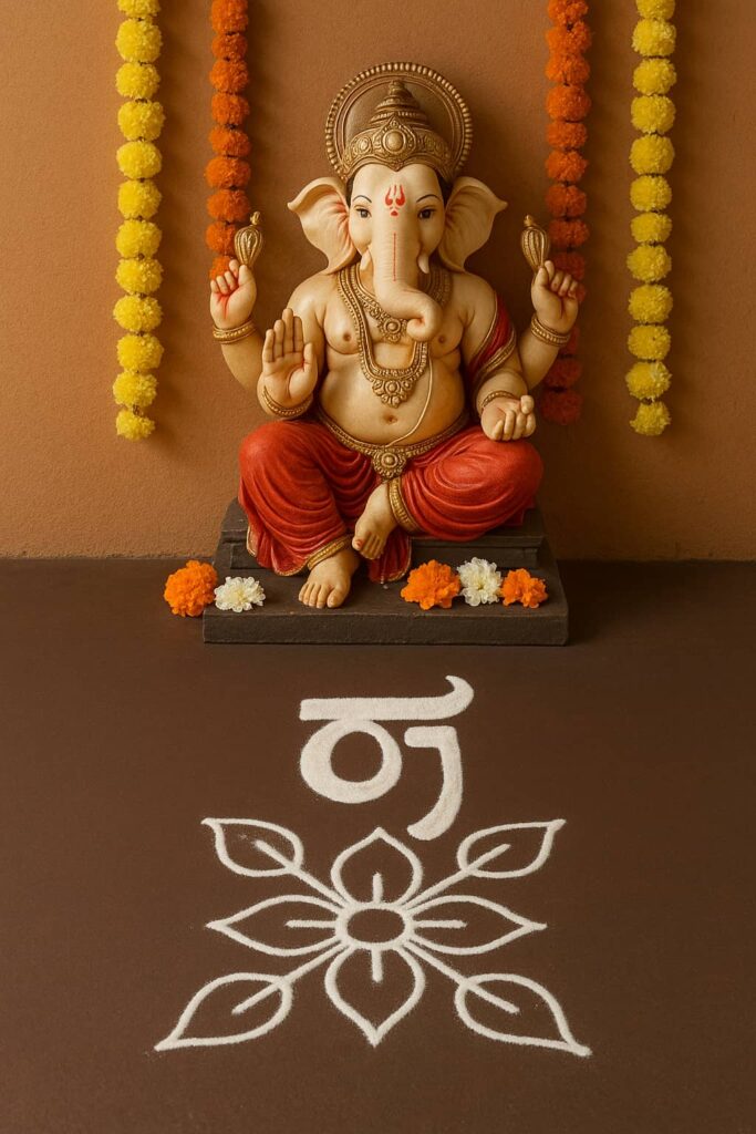 Ganesha idol with Kannada letter rangoli design “ಗ” made from white powder, surrounded by marigold garlands and traditional decor