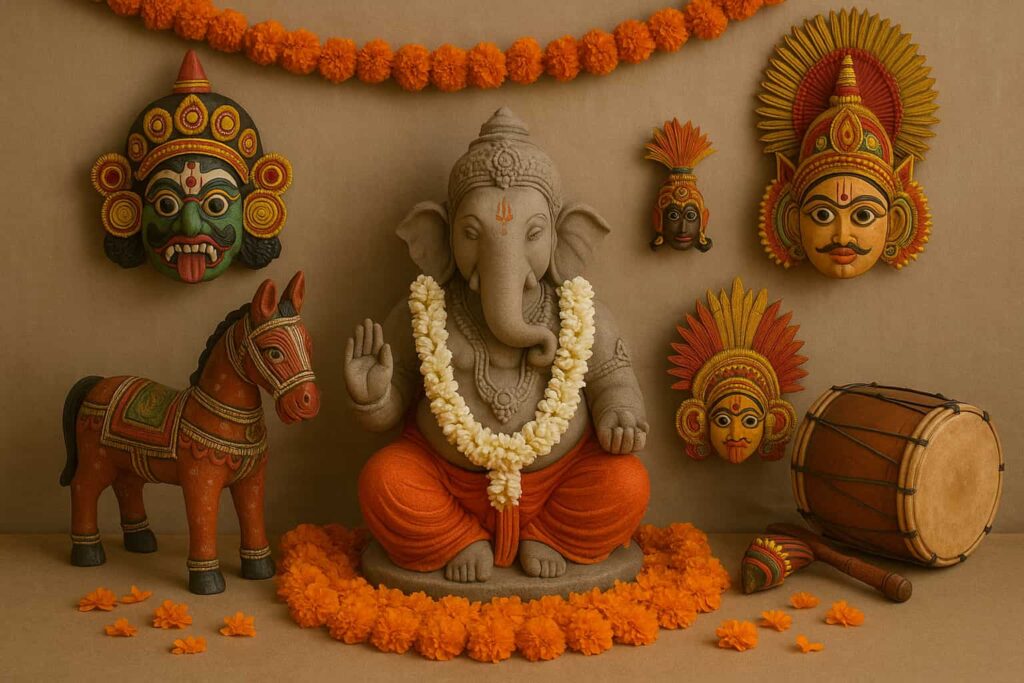  Ganesha idol surrounded by Karnataka folk art items like Yakshagana masks, Dollu Kunitha drum, and clay horse in a vibrant festive backdrop.