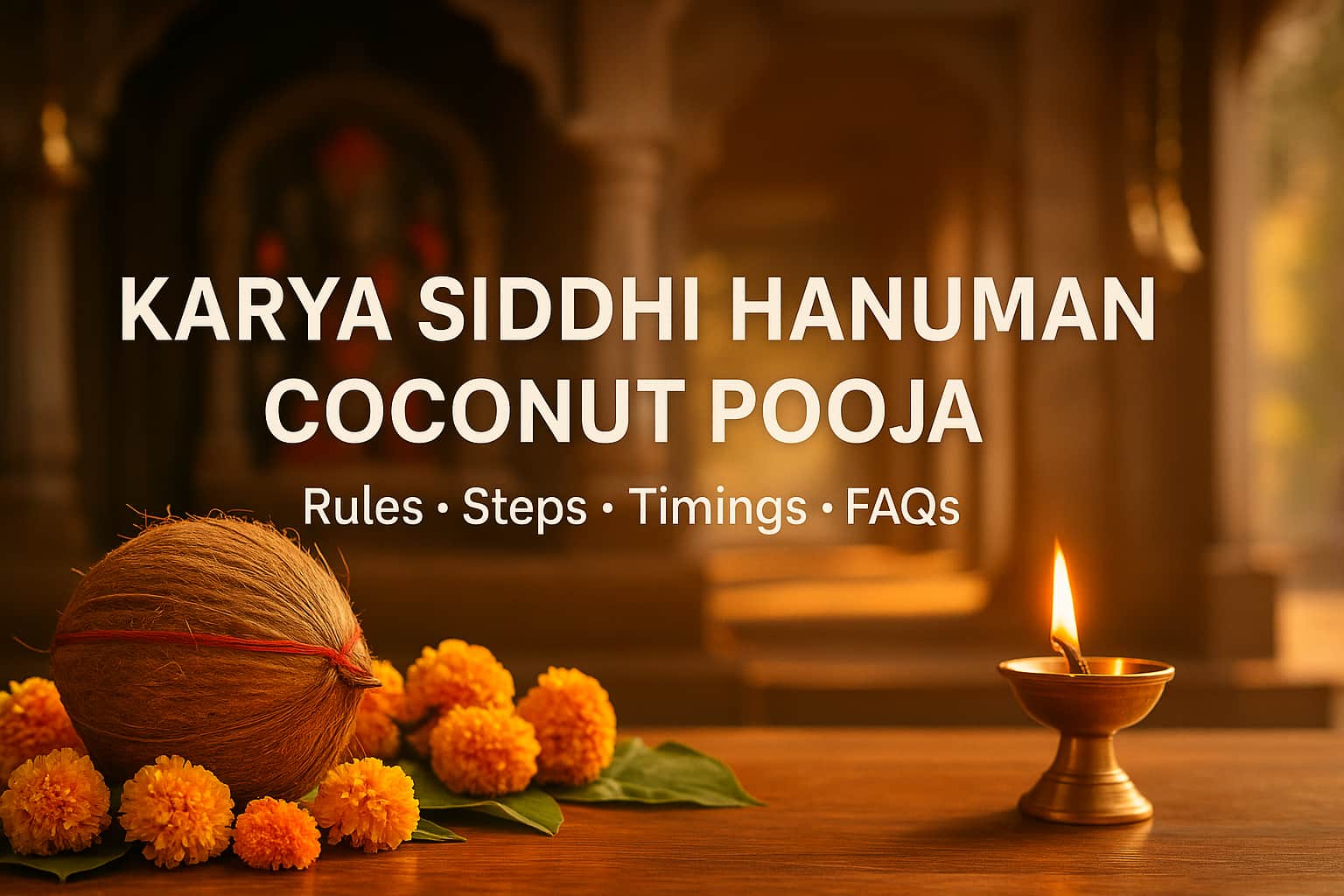 Karya Siddhi Hanuman coconut pooja—devotee tying a whole coconut (Poorna Phala) at the designated area, with temple lamps in the background