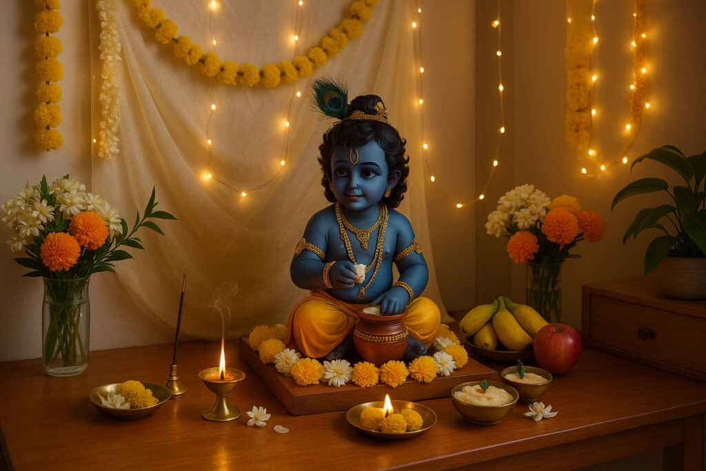krishna-janmashtami-home-decoration-future Non-realistic Bal Krishna idol with realistic home decoration, marigold and jasmine flowers, oil lamps, and festive offerings on a home altar for Janmashtami.
