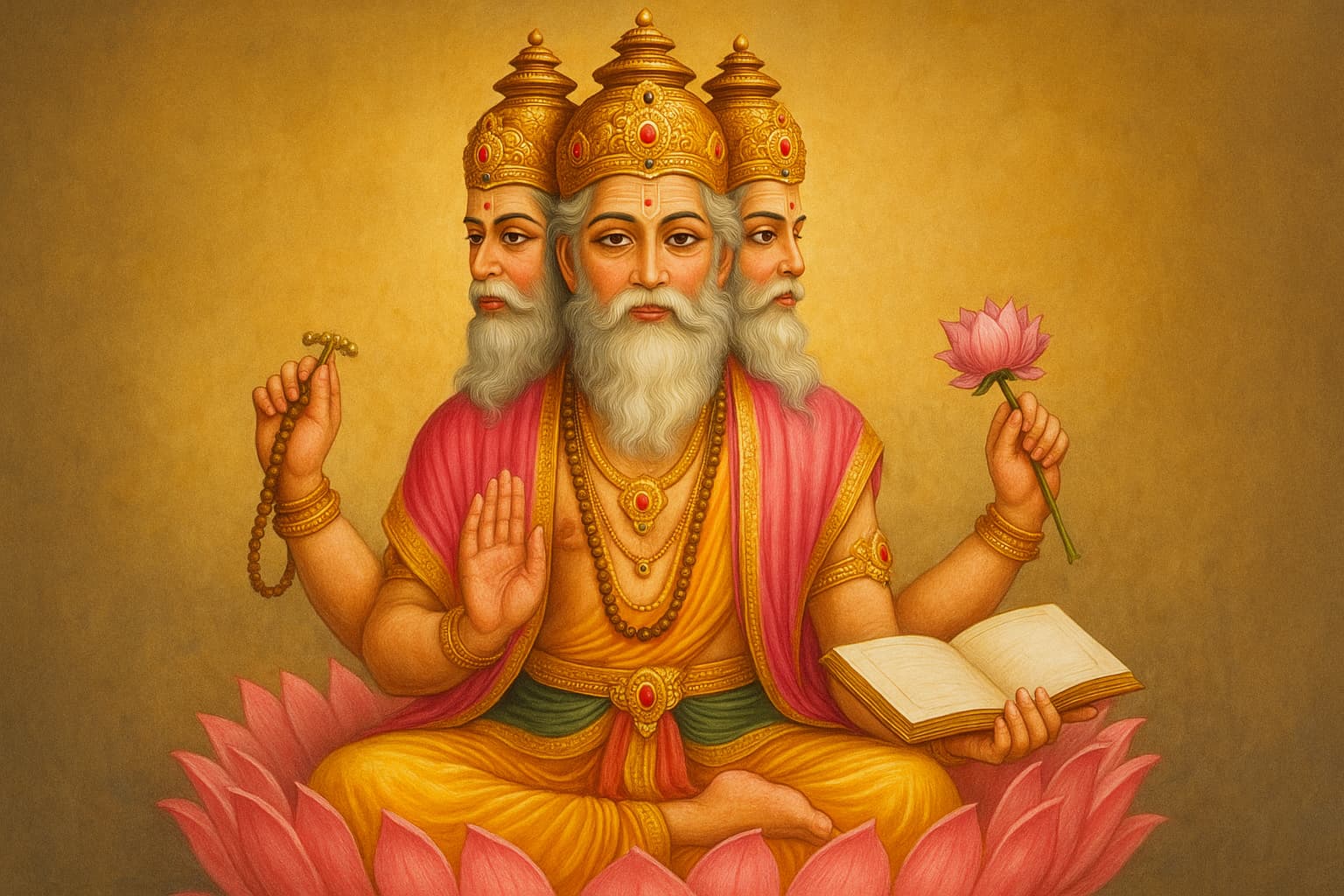 Traditional Hindu painting of Lord Brahma seated on a lotus, with four heads, holding a lotus flower, prayer beads, and an open book