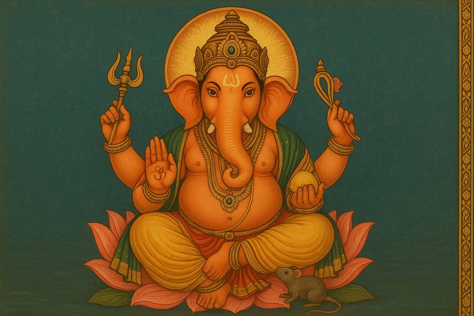 Traditional Indian painting of Lord Ganesha seated on a lotus with crown, ornaments, symbolic items, and a small mouse at his feet