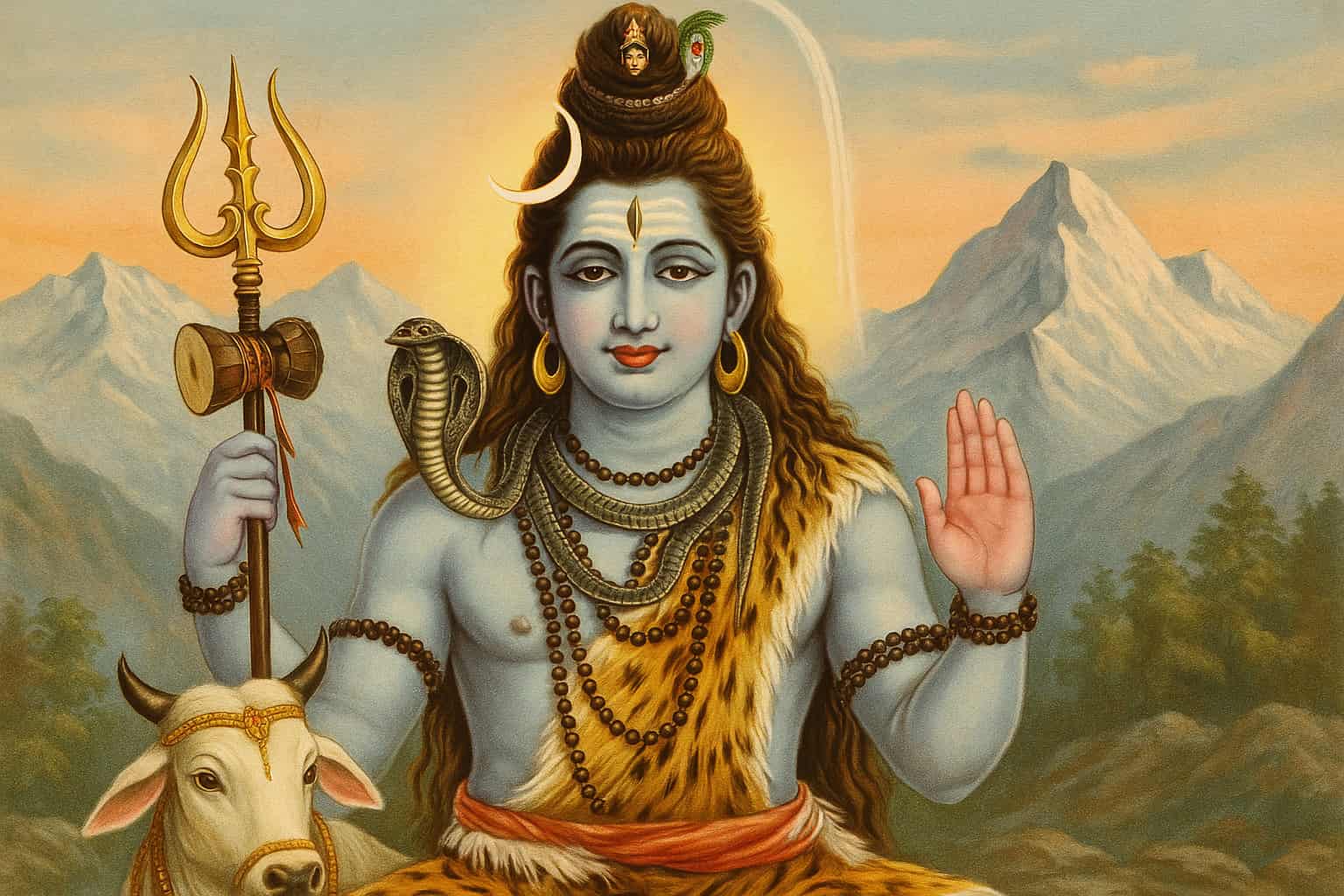 Traditional Hindu painting of Lord Shiva with trident, crescent moon, cobra, and Nandi, set against snow-covered mountains