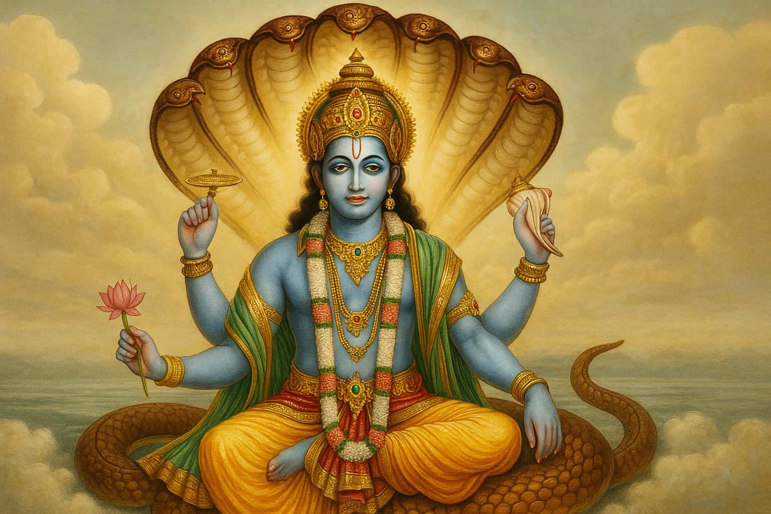 Traditional Hindu painting of Lord Vishnu seated on serpent Adisesha, holding discus, conch, lotus, and showing protective gesture