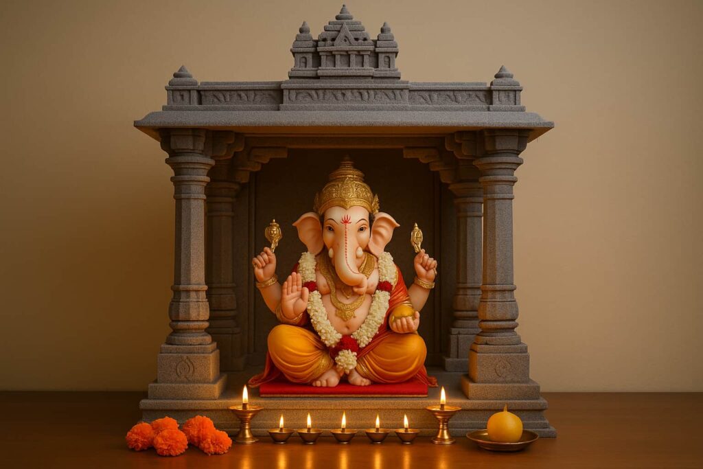 Ganesha idol inside a miniature temple replica with stone-style pillars, gopura top, brass lamps, and Karnataka-inspired temple decor.