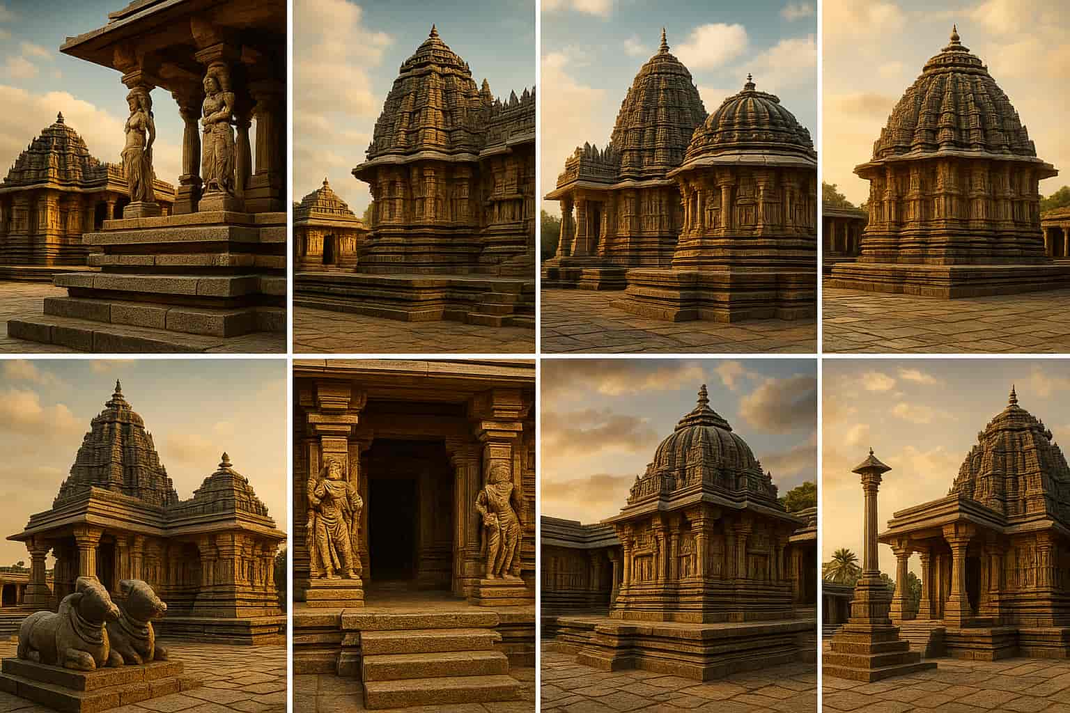 Collage of eight mysterious temples in Hassan including Belur Chennakeshava, Halebidu Hoysaleswara, Doddagaddavalli Lakshmi Devi, Arsikere Ishvara, Mosale Twin Temples, Nuggehalli Lakshmi Narasimha, Javagal Lakshmi Narasimha, and Koravangala Bucheshwara