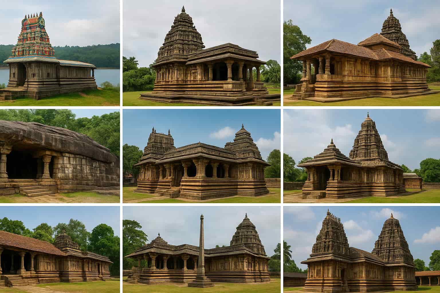 mysterious temples in Shivamogga—Sigandur Chowdeshwari shown on elevated ground near the Sharavathi backwaters (not on the river), Keladi Rameshwara, Ikkeri Aghoreshwara, Kedareshvara Balligavi, Pranaveshwara Talagunda, Koodli Rameshwara & Sangameshwara, Bhadravathi Lakshmi Narasimha, and Chandragutti Renukamba cave temple