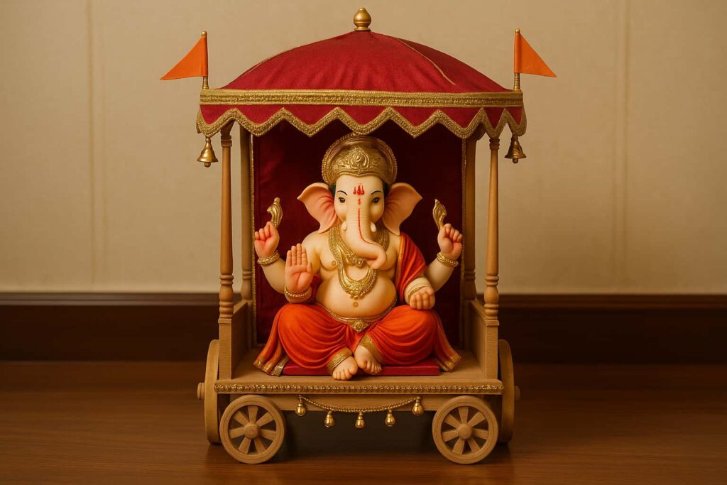 Ganesha idol seated on a wooden chariot with red canopy, gold bells, and festive miniature flags inspired by Karnataka temple rathotsava.